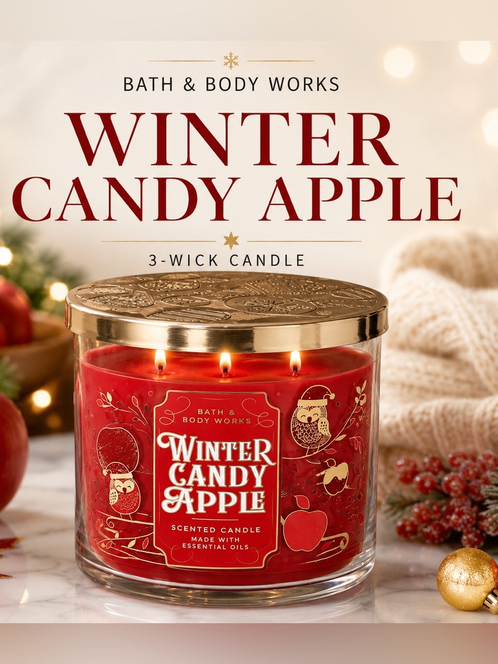 Bath & Body Works Winter Candy Apple Red and Silver 3-Wick Candle